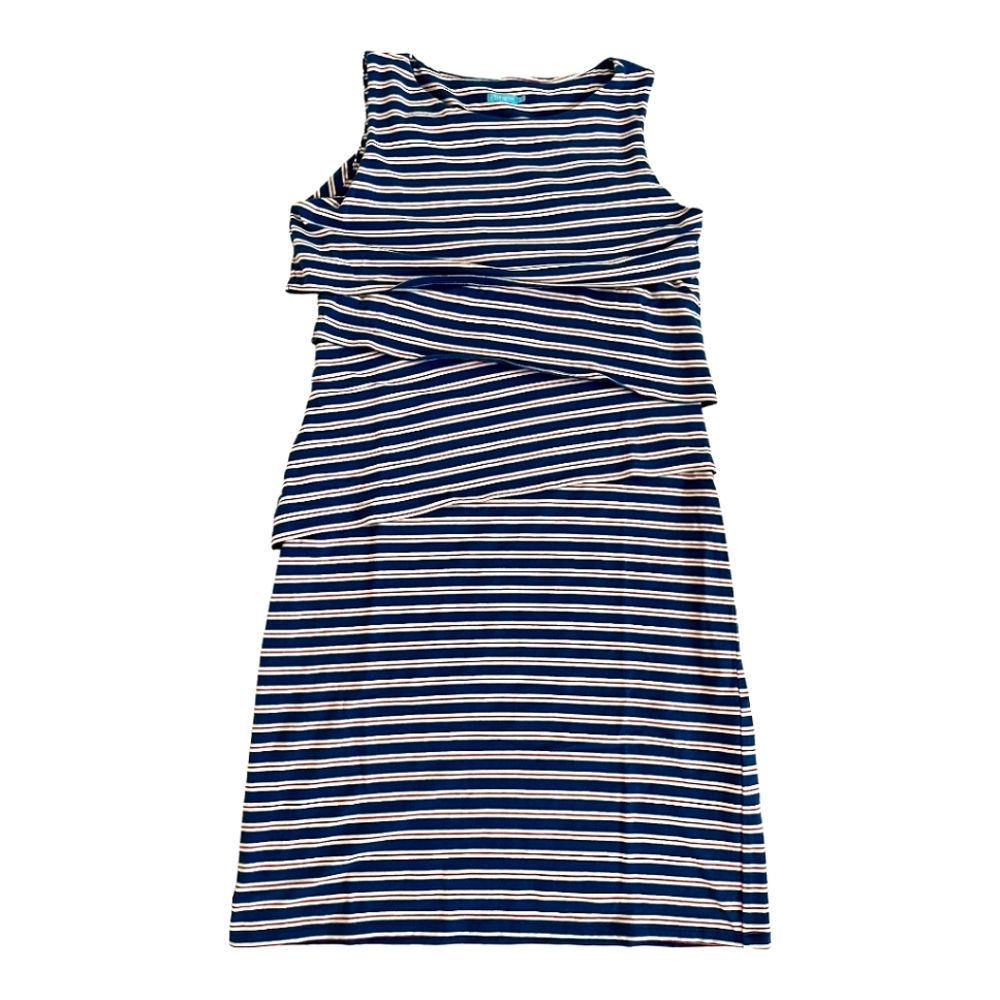 EUC Red white and blue striped j Mclaughlin sleeveless ruched dress size Medium